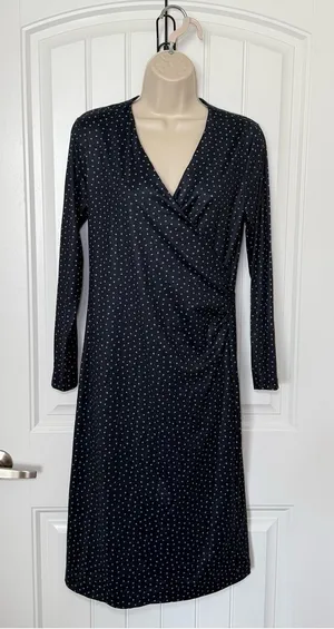 Ann Taylor Small Navy White Faux Wrap Classic Midi Lined Dress Minimalist Retro thumbnail 1