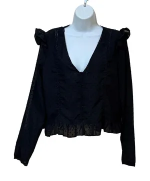 Zara Womens Black Dobby Dot Ruffle V-Neck Button Front Blouse‎ Large L thumbnail 1