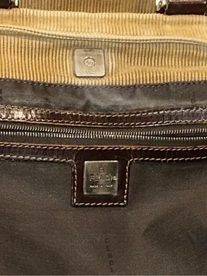 FEND Corduroy Mini Bag with Dark Brown Leather Wrapped Handles & Silver Hardware thumbnail 12
