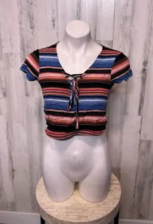 Forever 21 Crop Top Womens Small Multicolor Striped Lace Up V-Neck Short Sleeve thumbnail 1