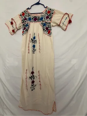 Mexican Hand Embroidered Dress Ivory Floral San Antonino Artisanal Boho(A852) thumbnail 2