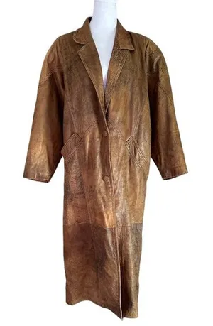 Vintage Brown Genuine Leather Overcoat Trench Coat Limited Express Coat Size M thumbnail 1