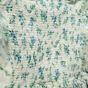 Mine Floral Swiss Dot Crop Top Lace Ribbon Puff Sleeve White Blue Women's‎ L thumbnail 7
