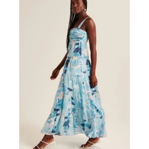 Abercrombie & Fitch Blue Print Ruched Tiered Babydoll Maxi Dress Size S NWT thumbnail 8