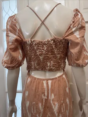 Mirth 100%cotton Rust Tie-Dye Midi Dress with Puff Sleeves size medium thumbnail 10