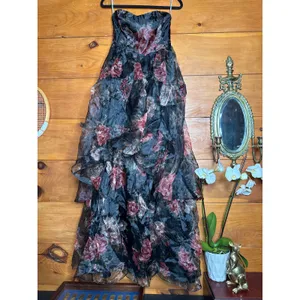NWT Lulus Truly Extraordinary Black Floral Organza Strapless Maxi Dress Tube S thumbnail 2
