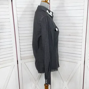 True Freedom Lace Trim Raw Edge Denim Button Up Shirt‎ Gray Black Small thumbnail 3
