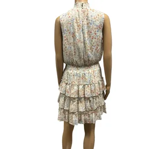 MSK Cream Floral High Neck Sleeveless Ruffled Tiered Mini Dress Womens Medium thumbnail 4