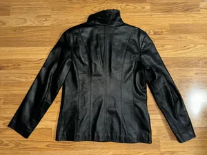 East 5th Black Leather Jacket Coat Women’s Size Medium Full Zip Side Pockets EUC thumbnail 9