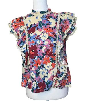 Karlie Floral Ruffle Top Large Multicolor Linen Blend Flutter Sleeve Lace Trim‎ thumbnail 1