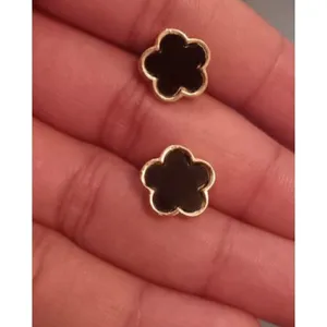 Gold Plated Black Clover Earrings Stainless Steel Floral Unisex Mens Womens thumbnail 4