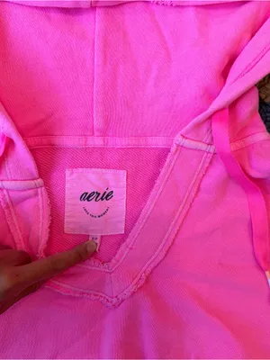 Aerie Bright Pink V-Neck Distressed Hoodie Sweatshirt thumbnail 3