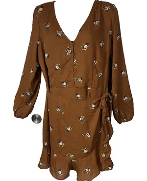 Abercrombie & Fitch Floral Wrap Dress Rust Orange Long Sleeve Boho Ruffle Hem M thumbnail 1
