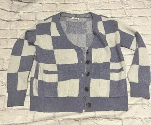 KORI Checkered Cardigan‎ Sweater Knit Button Up Cozy Blue White Small thumbnail 1