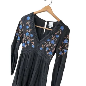 Blue Rain Black Floral Embroidered‎ Boho Tiered Mini Dress XS WS50897 thumbnail 3