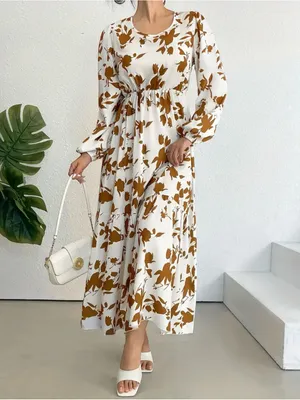 Women's White Maxi Dress with Brown Floral Print thumbnail 4