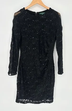 Lauren‎ RALPH LAUREN Lace Sequin Black Dress 14 Ruched Waist Sheer Sleeve Formal thumbnail 1