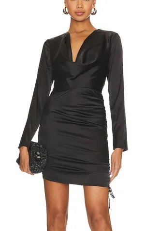 Revolve Black Ruched Mini Dress LARGE Cocktail Cowl Satin More to Come $88 NEW thumbnail 1