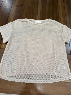 Elodie Mesh Knit Crop Top Beige Shiny Shimmer Overlay Short Sleeve Size S thumbnail 3