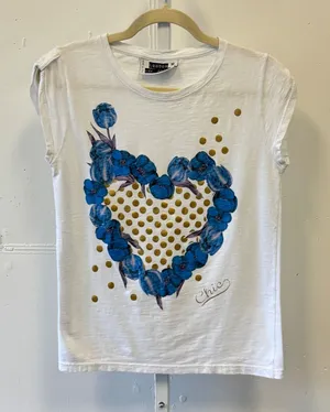London Ink 83/25 Floral Heart Gold Polka Dot Chic Tee Made in Italy Med Wht Blue thumbnail 1