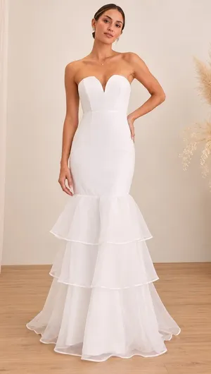 LULU's Bridal Wedding Chic Sexy Bustier Organza Tiered Ruffles Maxi Gown thumbnail 1