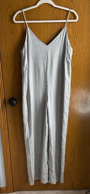 Zara Gray/Slate Spaghetti Strap Deep V-Neck Wide Leg Jumpsuit. Size Medium thumbnail 1