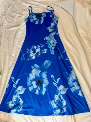 Y2K Royal Blue Floral Maxi Slip Dress Size Large 90s Whimsygoth Resort Wear thumbnail 6