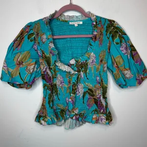 Love The Label Green Floral Ruffle Puff Short Sleeve Cotton Blouse Size XS thumbnail 2