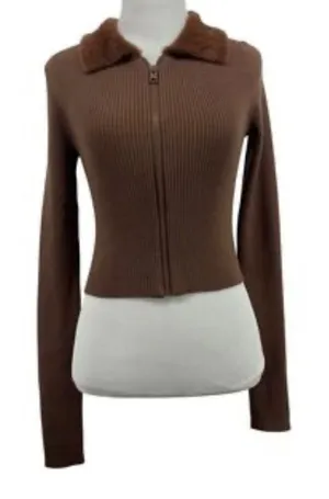 American Eagle Brown Ribbed Faux Fur Collar Zip Up Sweater Y2K Cozy Size M thumbnail 1