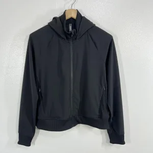 Vuori Daily Jacket Womens Large Black Hooded Full Zip Bomber Ribbed Trim Active thumbnail 3