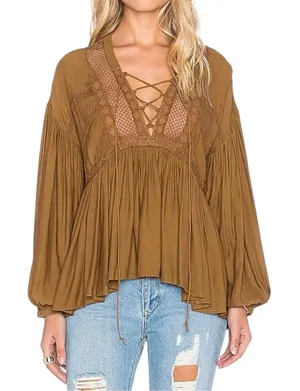 Free People Don't Let Go Brown Flowy Lace Up Balloon Sleeve‎ Boho Peasant Top S thumbnail 1