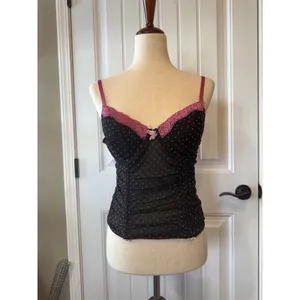 Dierfloor‎ Black Pink Polka Dot Mesh Bustier Top Lace Trim Coquette Lingerie thumbnail 4