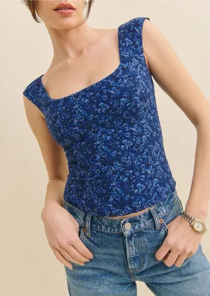 Reformation Blue Floral Square-Neck Crop Top thumbnail 1