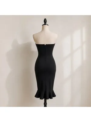 House of CB London Black Strapless Bodycon Midi Dress Fluted Hem Bandage Size L thumbnail 2