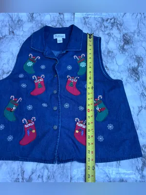 Westbound vintage Denim Holiday Vest Blue Red Green Stockings 90s large thumbnail 5