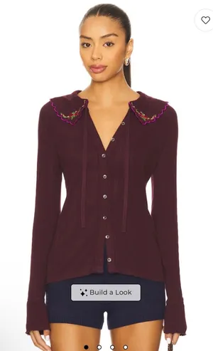 Free People Thermal Top Women Medium Plum NWT Embroidered Collar Henley Tie Neck thumbnail 1