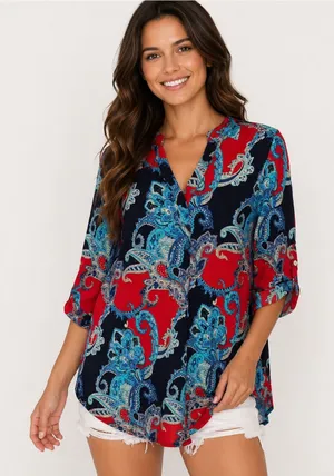 DazzleUp Paisley Tunic Top Swim Cover‎ Up Red Blue Boho Beach Size Medium Resort thumbnail 1
