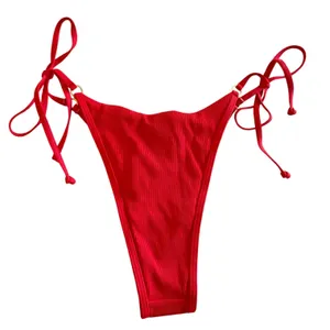 L*Space Red Ribbed Side Tie‎ Bikini Bottoms Gold Ring Hardware Small thumbnail 3