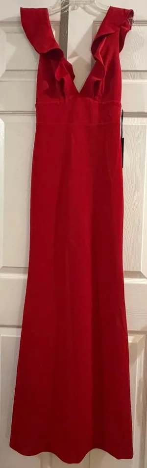 Lulu's Red Ruffle-Trim V-Neck Prom Gown thumbnail 1