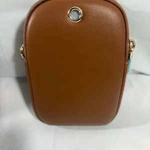 Brown Faux Leather Crossbody Mini Bag Double Zip Small Purse Gold Hardware thumbnail 2