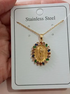 Gold Virgin Mary Pendant Necklace with Multicolored Stones thumbnail 3