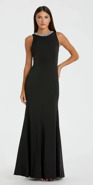 Mac Duggal‎ NWT Stunning Embellish Neck Sweep Train Trumpet Gown Size 4 Black thumbnail 1