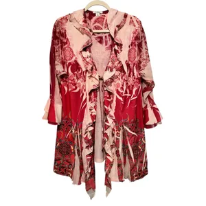 Dressbarn Woman 3X Red Pink Floral Embellished‎ Ruffle Open Front Topper thumbnail 2
