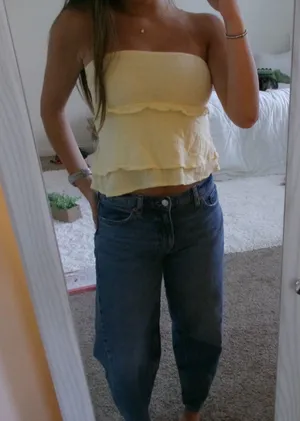 Edikted Pastel Yellow Smocked Ruffle Tube Top thumbnail 1