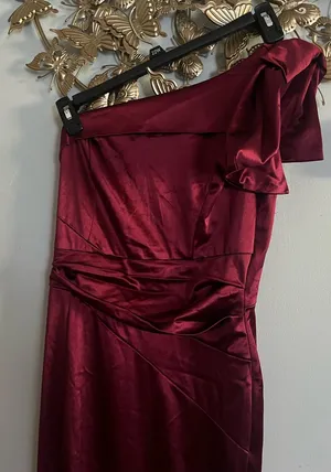 Honey and Rosie One-Shoulder Satin Dress in Burgundy thumbnail 1