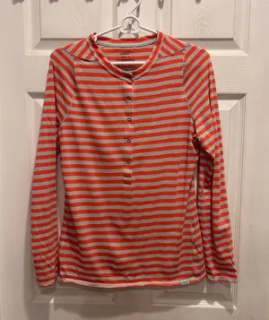 Patagonia Womens Merino 2 Henley Striped Top Orange Gray Large Long Sleeve thumbnail 1