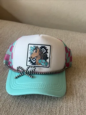 White Trucker Hat with Horse Patch Green thumbnail 2