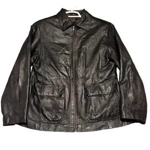 Vintage Mens Black Leather Biker Jacket XL Zip Front‎ Pockets Lined thumbnail 1