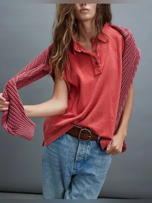 NWT Free People We The Free Keep On Polo - Fiery Red - medium thumbnail 3