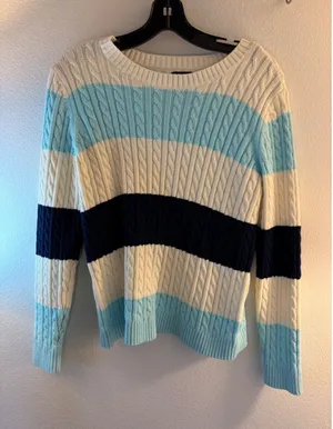 Lands End Drifter Cable Knit Sweater Blue Cream Striped Cotton Crew Neck S 6-8 thumbnail 1